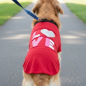 🆕UNIQUE PETZ: Red Dog T-Shirt with White Sequins Heart Design “LOVE”- Sz XL